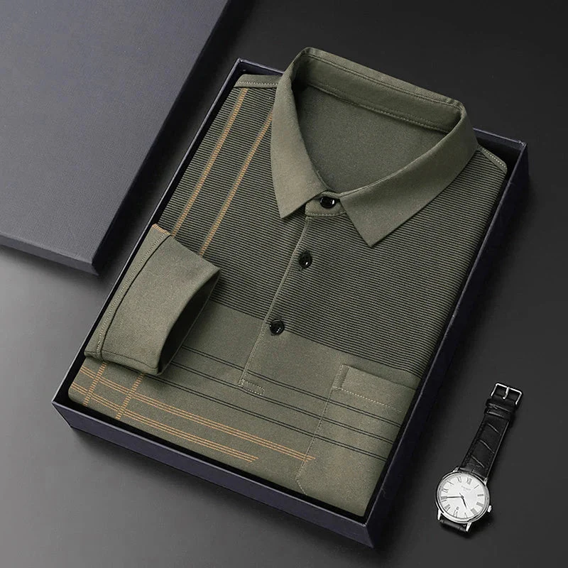 Premium Olive Linear-Design Long-Sleeve Polo T-Shirt